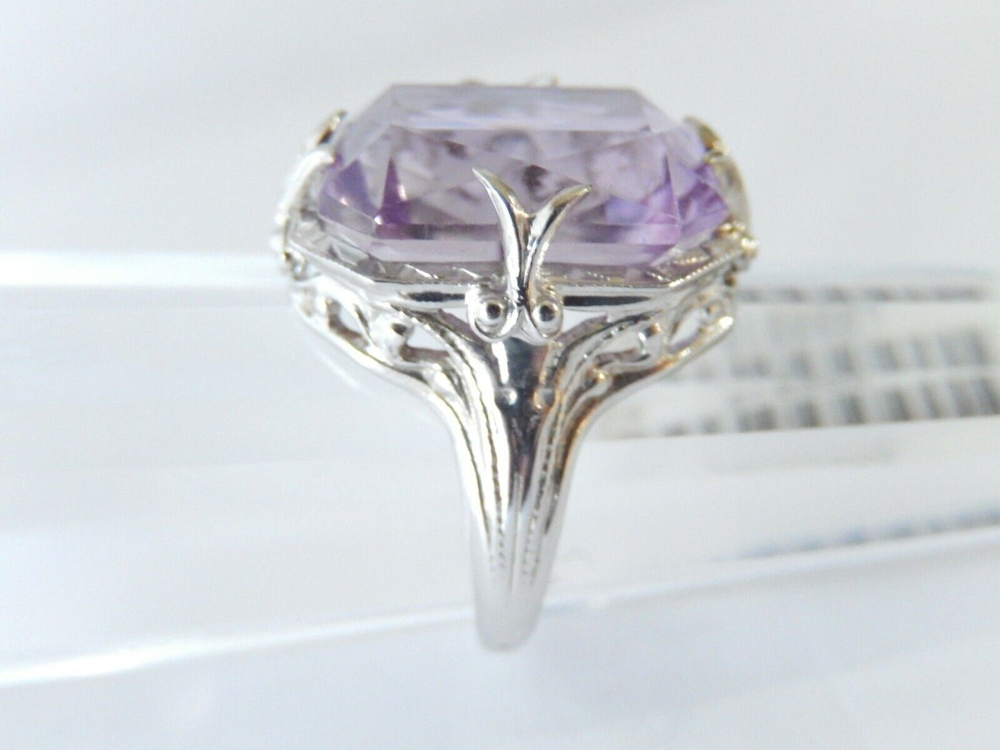 *VINTAGE* 18K White Gold Art Deco 7CT Emerald Cut Amethyst Gemstone Ring Sz 4.75