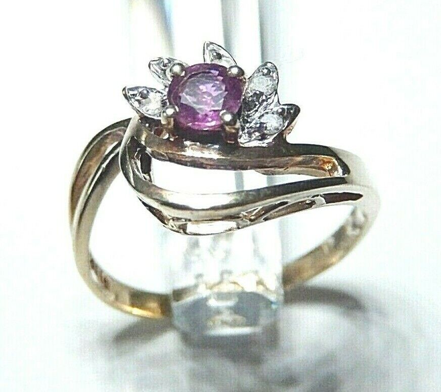 *VINTAGE*  10K Yellow Gold Amethyst & Diamond Ring Size 7.5