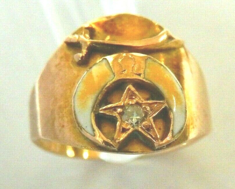 *VINTAGE* 14k Yellow Gold & Enamel Diamond Masonic Ring Size 6