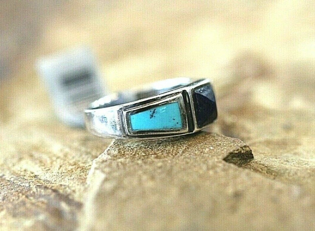 *VINTAGE* 925 Sterling Southwest Style Turquoise & Lapis Handmade Ring Size 8.5
