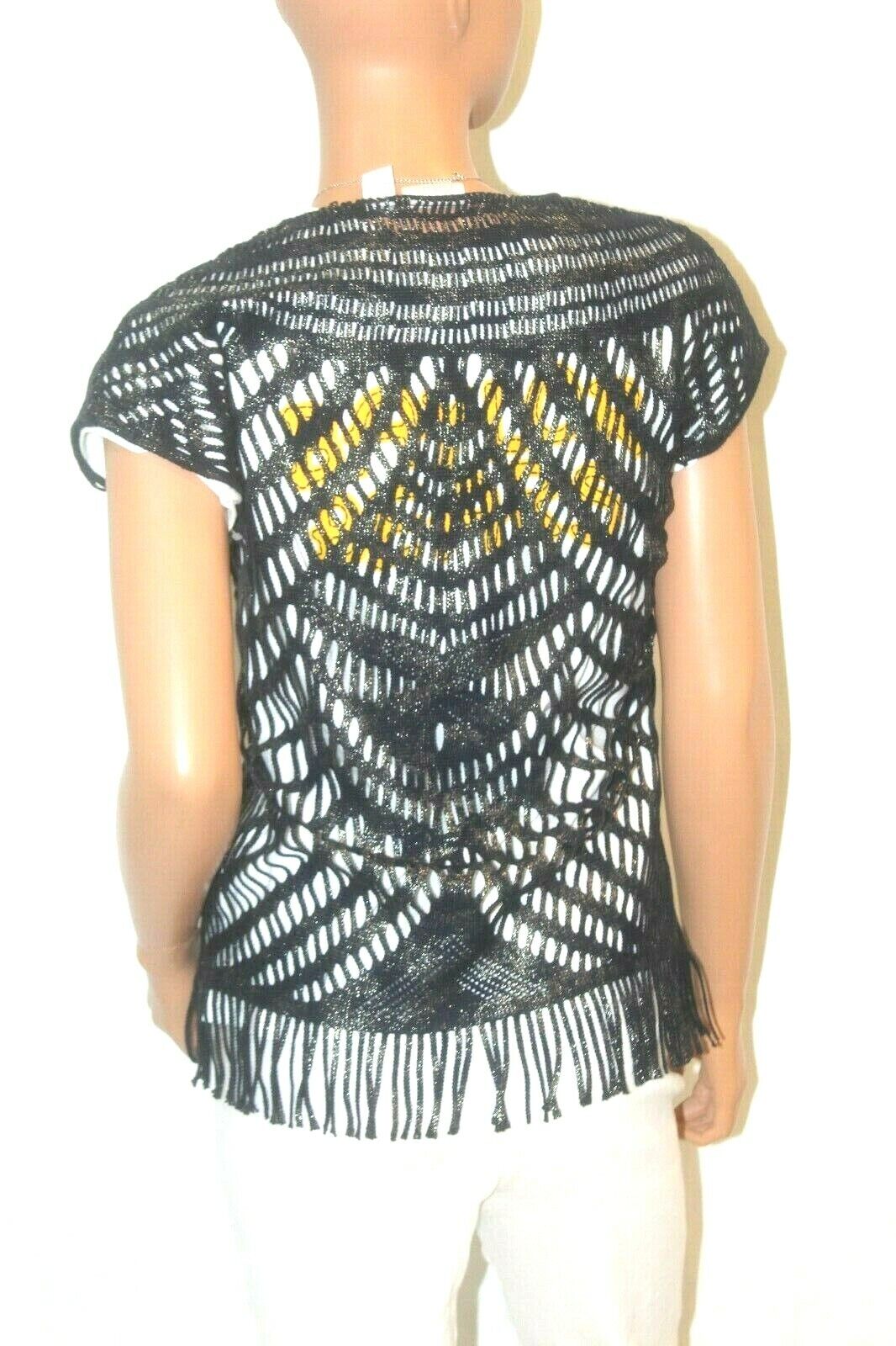 Chicos  "CUTE" Black with Gold Metalic Fringe Open Lace Sleeveless Vest Sz 0