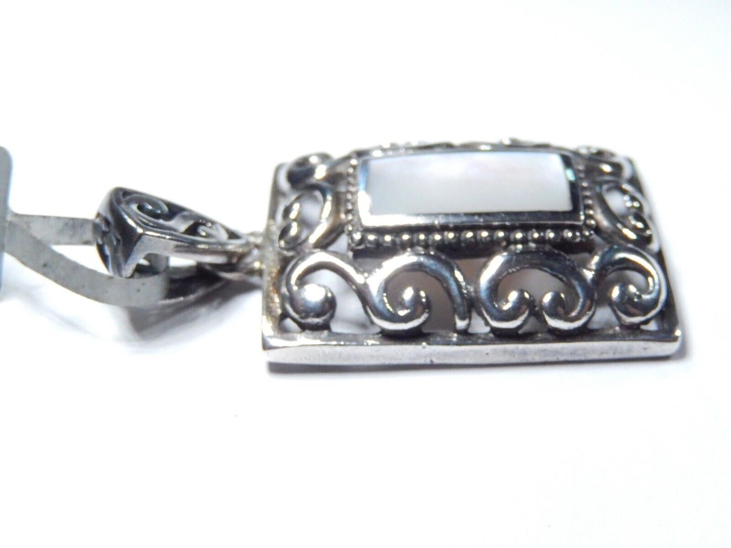 *VINTAGE* Sterling Silver Rectangle White MOP Filigree Openwork Pendant