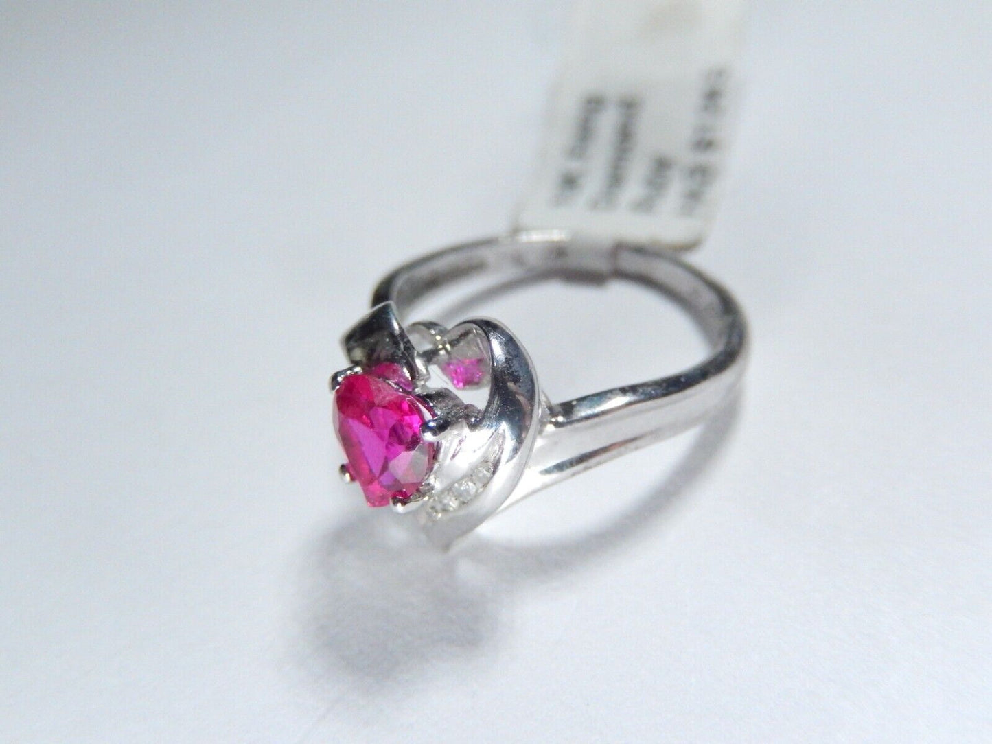 *NWT* 10K White Gold Heart Lab Created Ruby & Natural Diamond Ring Sz 4.25