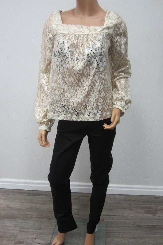 *NWT* $79 JESSICA SIMPSON GOLD SEQUINCE MELIA ANTIQUE WHITE TOP Size Small