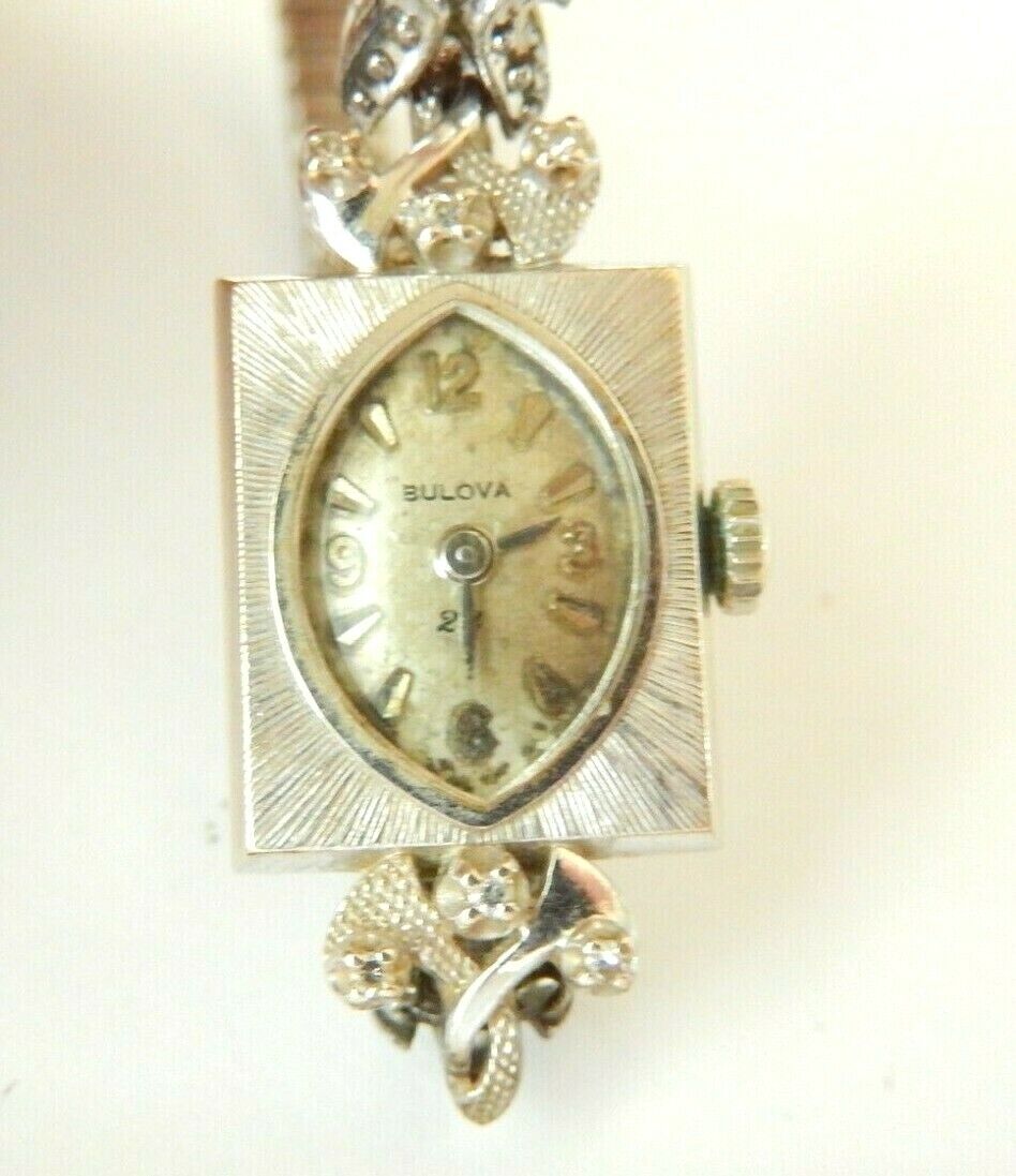 Antique Vintage Art Deco 14k White Gold BULOVA 6 Diamond Ladies Watch 23 Jewel