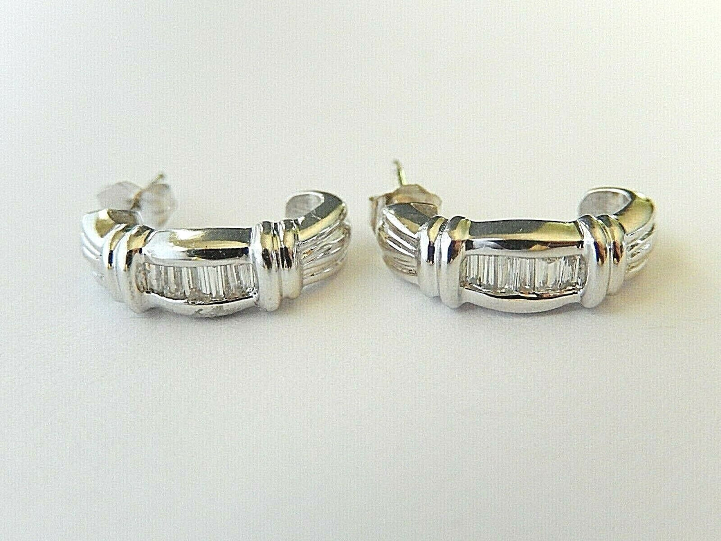 14K Solid White Gold 3/4 Hoop Earrings with Natural VS Baguette Diamonds