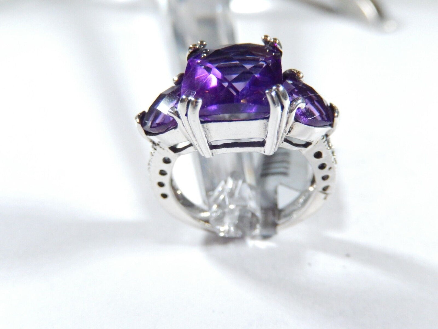 *VINTAGE*  Sterling Silver 8.00 CT Checkerboard Amethyst Three Stone Ring Size 7