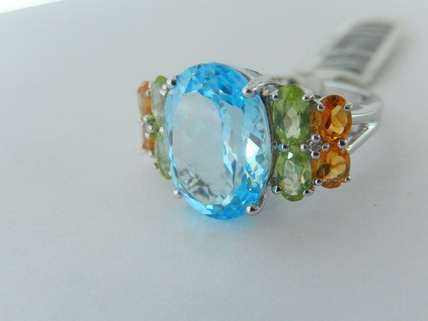 10K White Gold 8.5CT Multi Gemstones  Blue Topaz - Peridot -Citrine Ring Sz 9.25