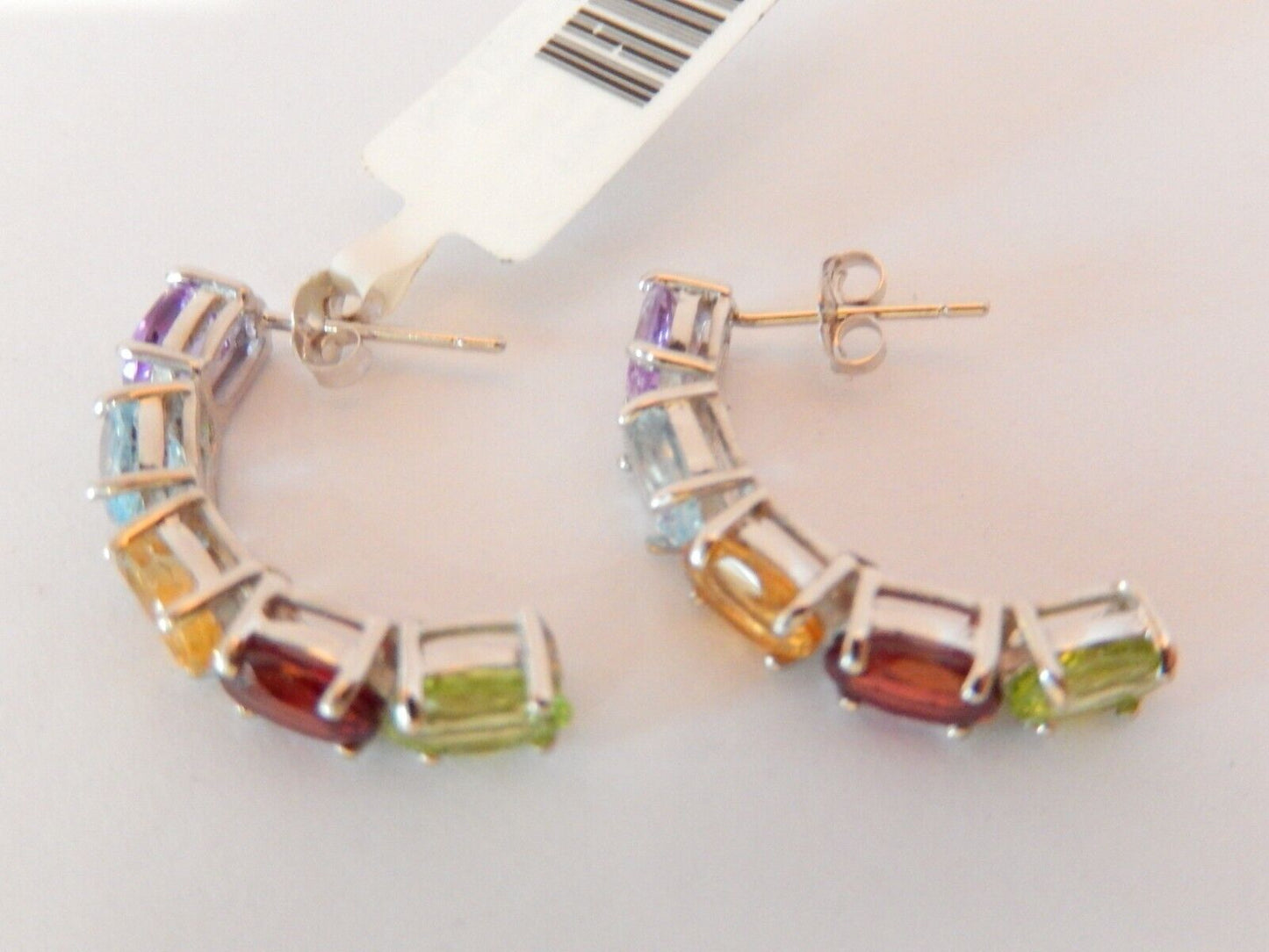 *VINTAGE* 10K White Gold 5CT Oval Gemstone Ladies Fancy J Shaped Hoop Earrings