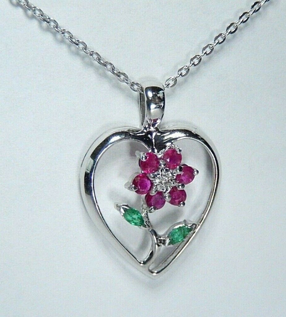 *NWT* 14k White Gold  Ruby /Emerald /Diamond Flower In Heart Pendant w/18" Chain