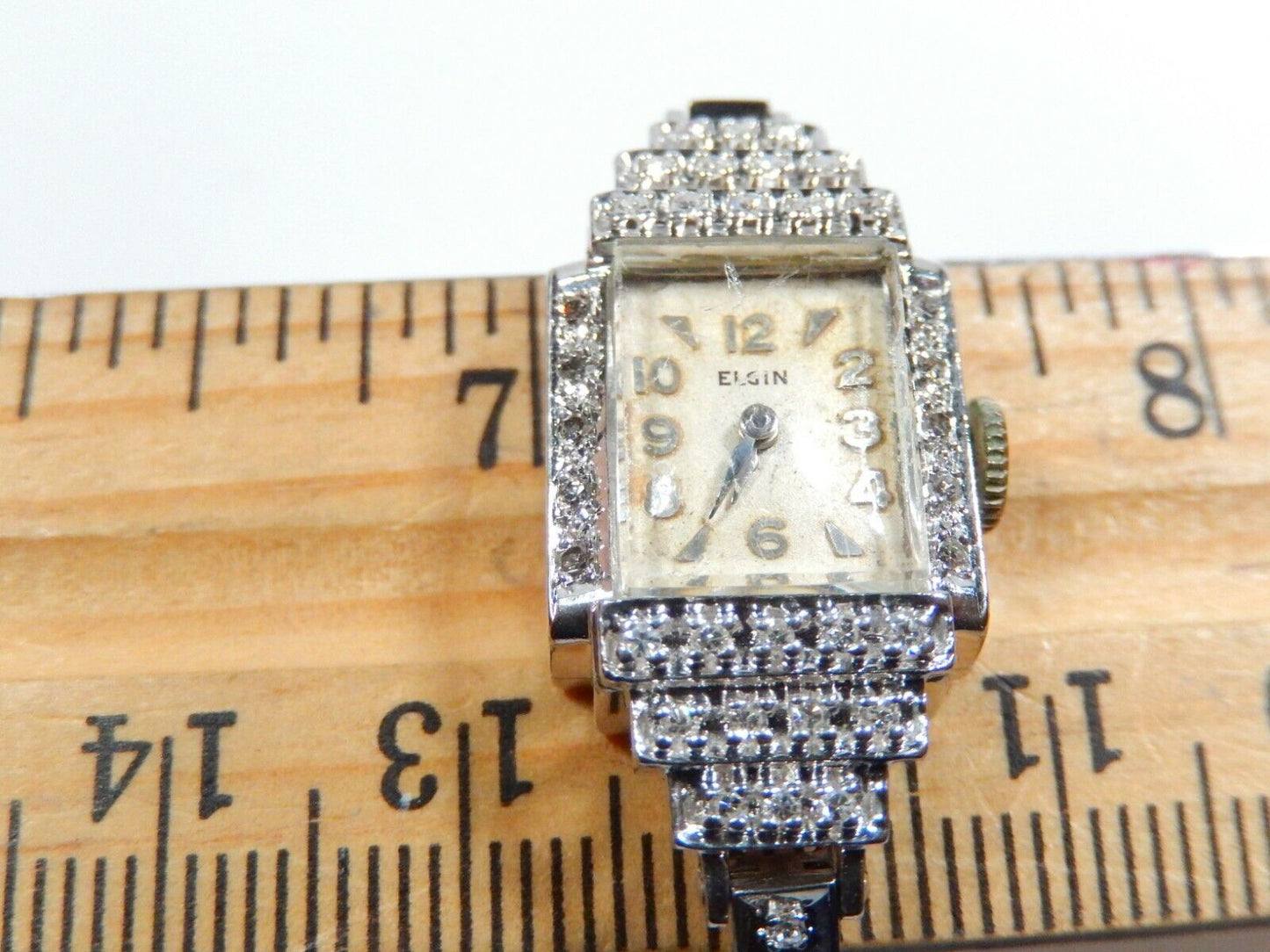*VINTAGE* ELGIN Ladies 14K White Gold 70 Diamond Wristwatch W/Diamond 14K Band