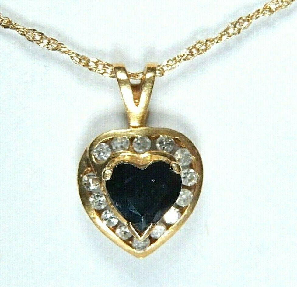 *VINTAGE*  14k Yellow Gold, Sapphire, Diamond Heart Pendant w/14K 18" Chain