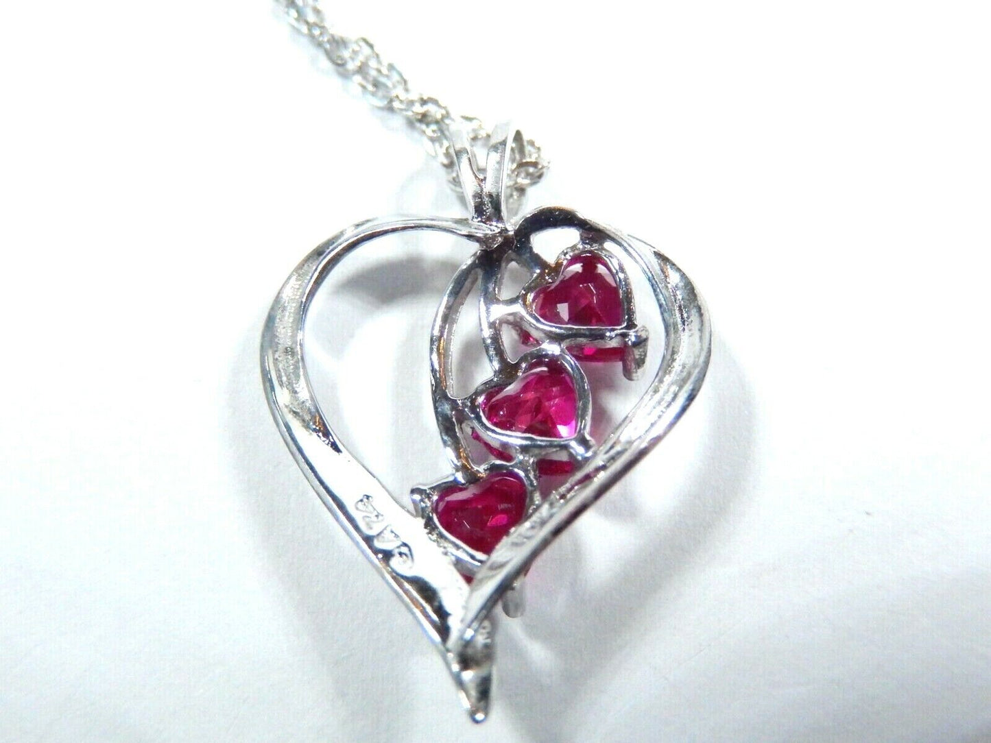 *NWT*  10K White Gold 1.00 CT Three  Ruby Heart Pendant  With 18" Chain