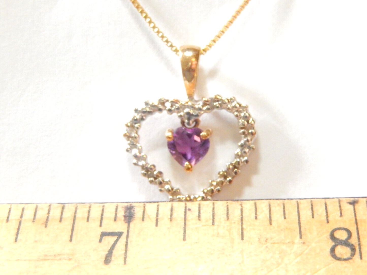 *VINTAGE* 10k Yellow Gold Floating Amethyst & Diamond Heart Pendant w/18"chain