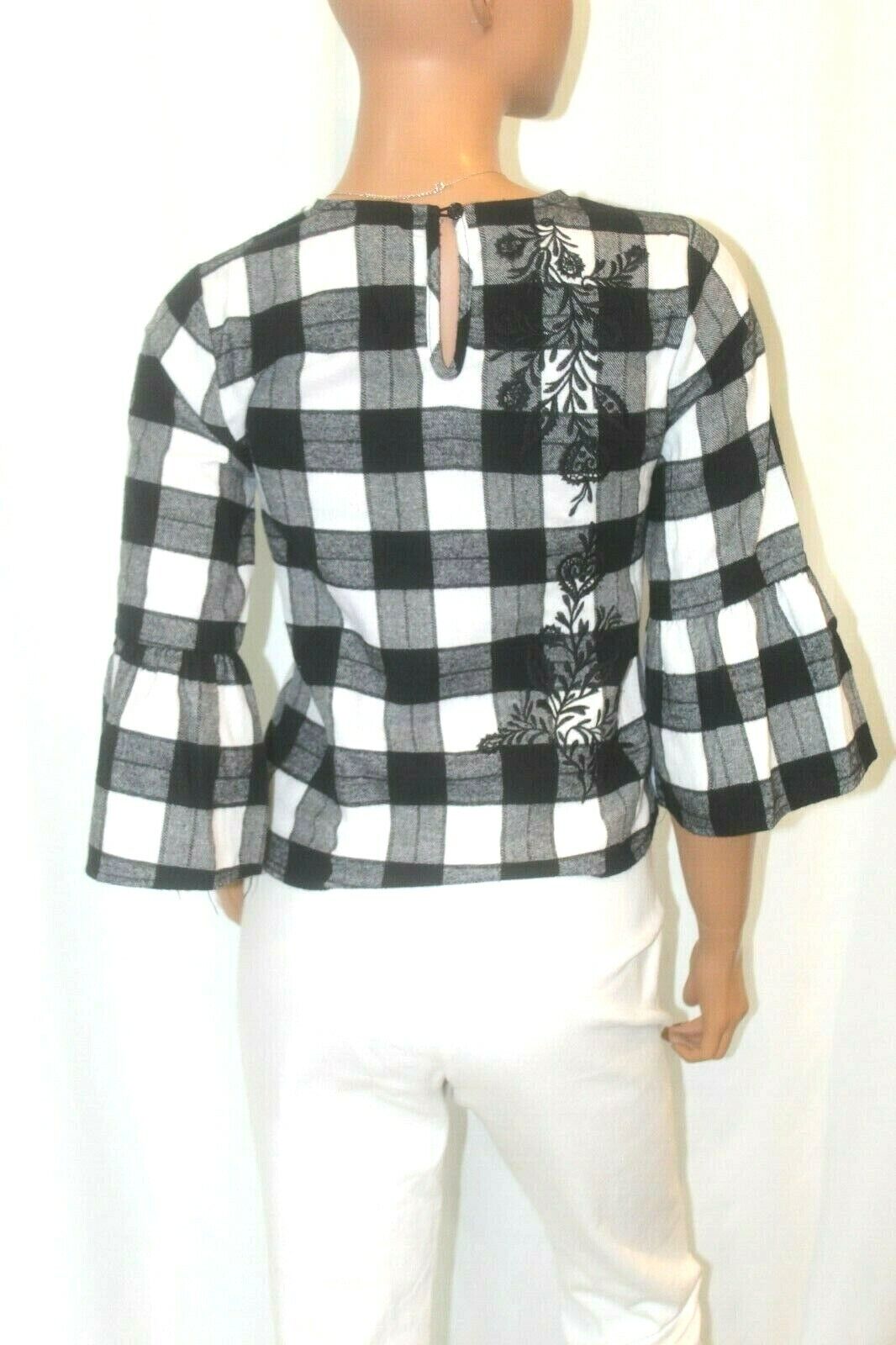 *MINT* Rebellion Again Flannel Bell 3/4 Sleeve Floral Embroidery Plaid Blouse S