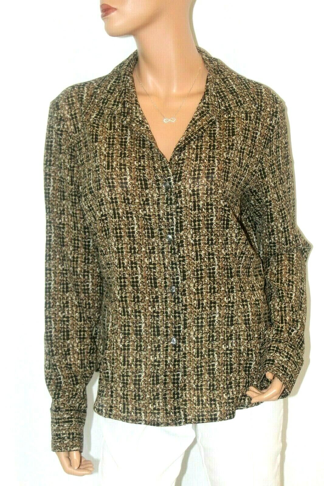 New York & Company Brown/White Button Down Collared Long Sleeve Sheer Top Sz XL