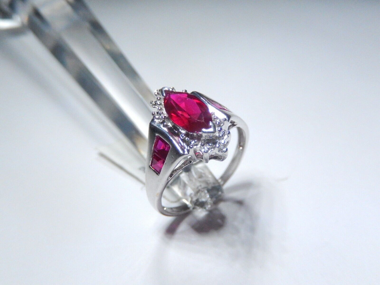 *NWT* 10k White Gold Lab Created Marquise Ruby And Diamond Ring Sz 8