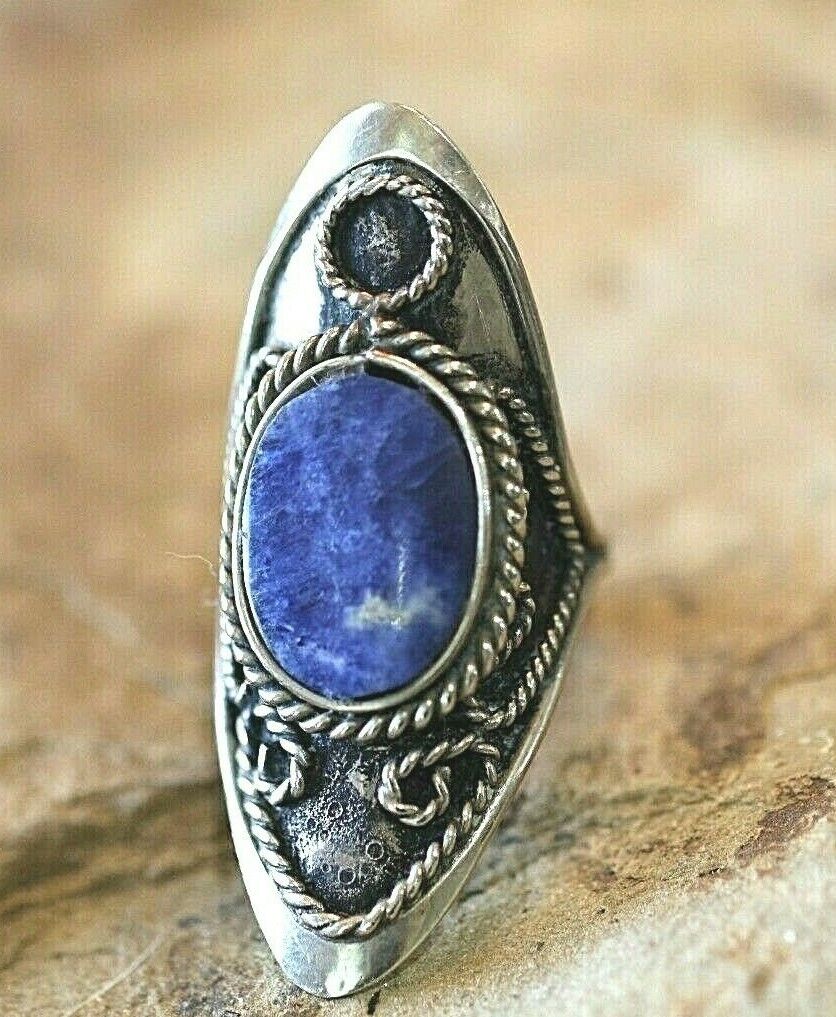 *VINTAGE*  Lapis Tibetan Long Silver Bohemian Handmade Ring Size Adjustable
