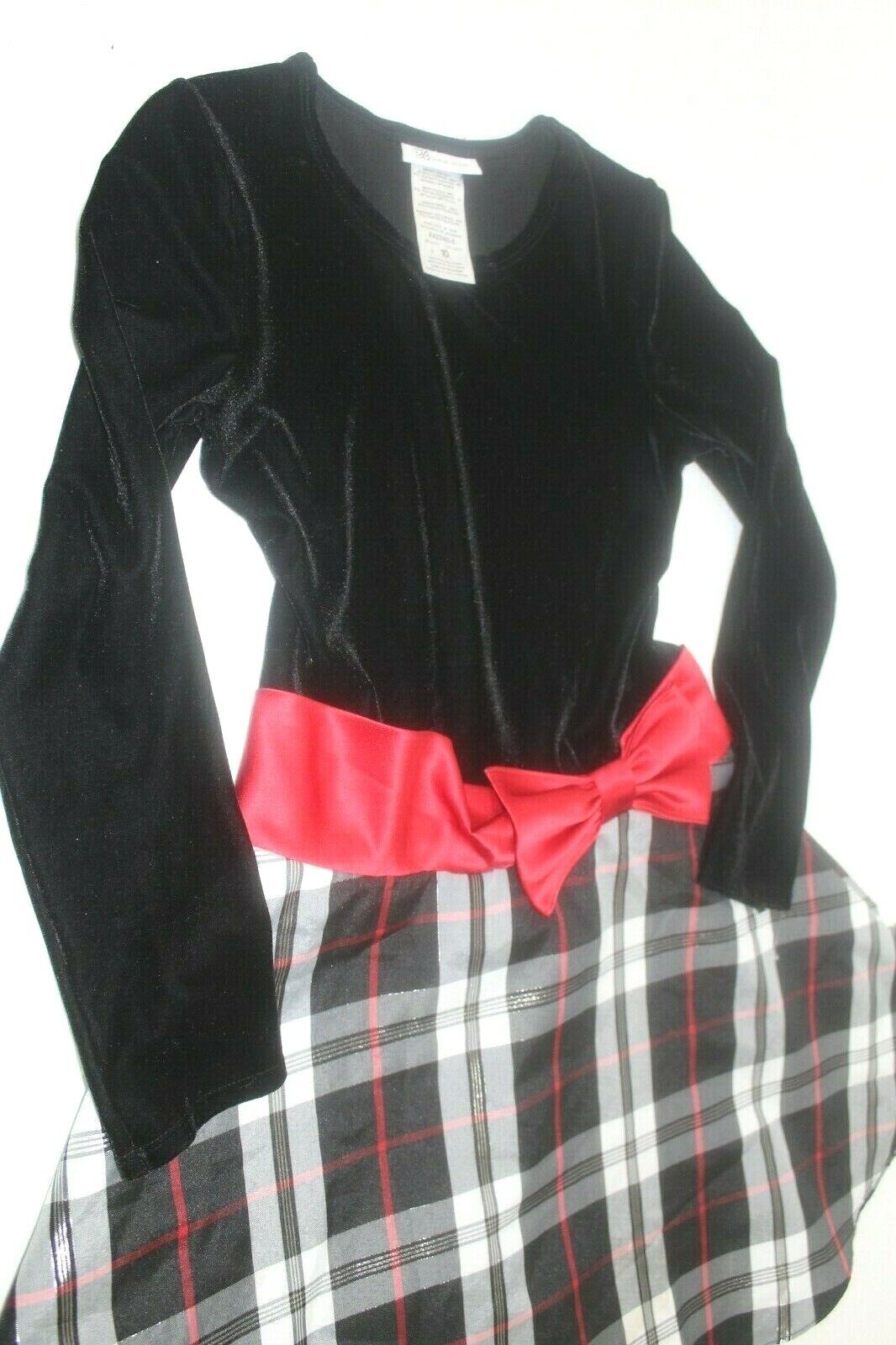 Bonnie Jean Dress Holiday Plaid Party Black Velvet Long Sleeve Stretch Sz 10