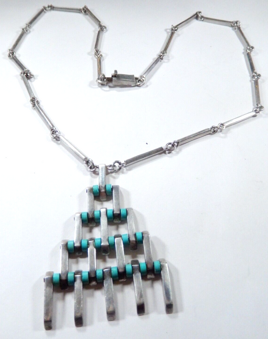 *VINTAGE* Signed Native American Sterling Silver Turquoise Rare 24" Necklace