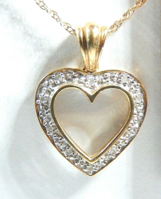 *VINTAGE* Heart Pendant 10K Solid Yellow Gold Real Round Diamond with 18" Chain