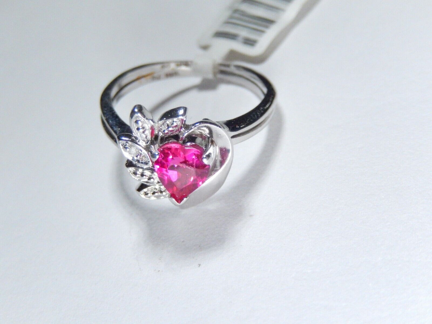 *NWT* 10K White Gold Heart Lab Created Ruby & Natural Diamond Ring Sz 5.5