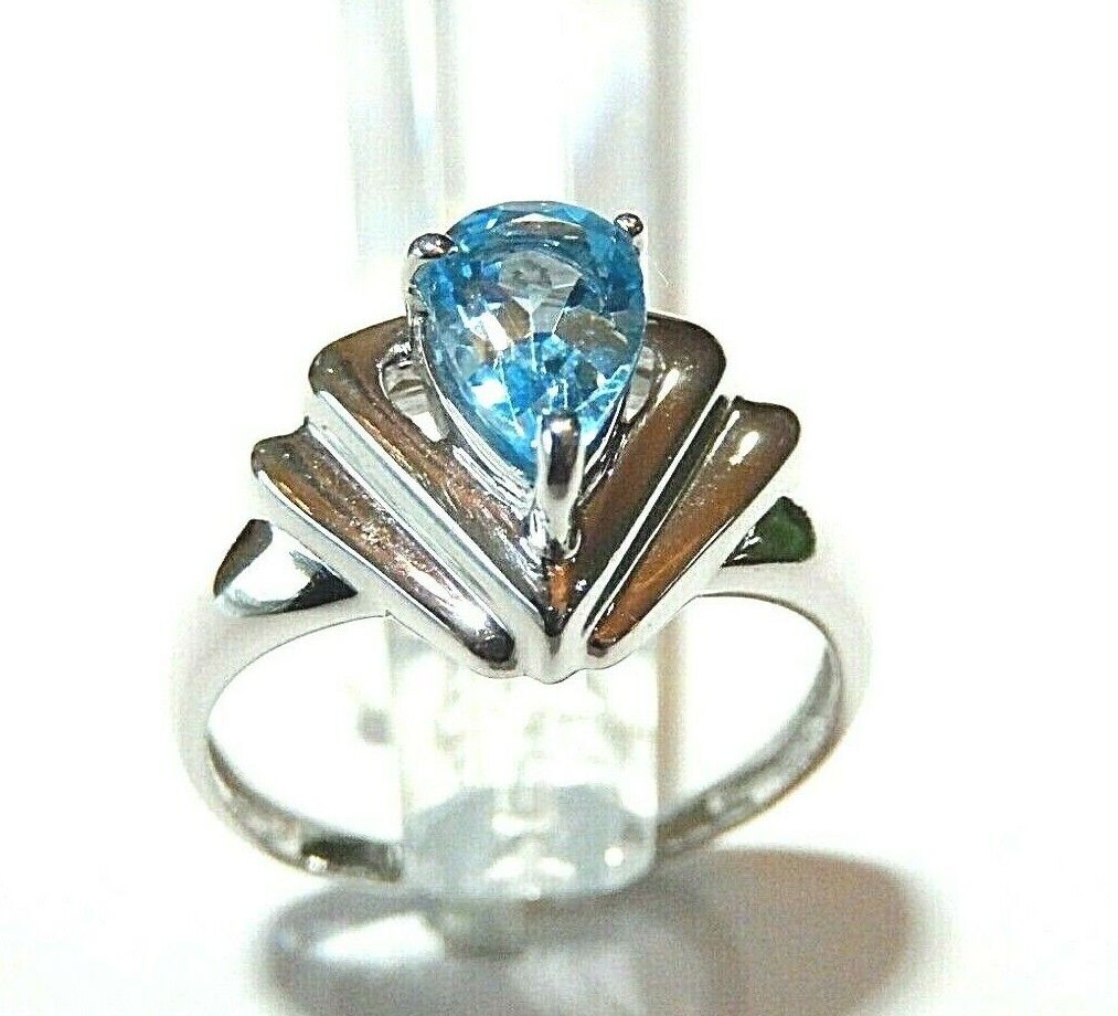 *NWT* 10k White Gold Modern Style Genuine .75CT London Blue Pear Topaz Ring Sz 7