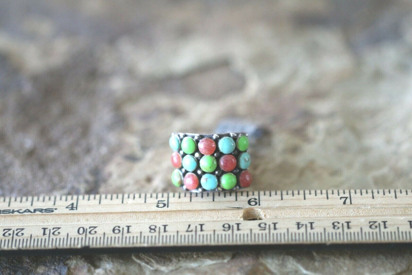 *VINTAGE* Native American Sterling Silver Large Heavy Multi-Stone  Ring Size 7.5