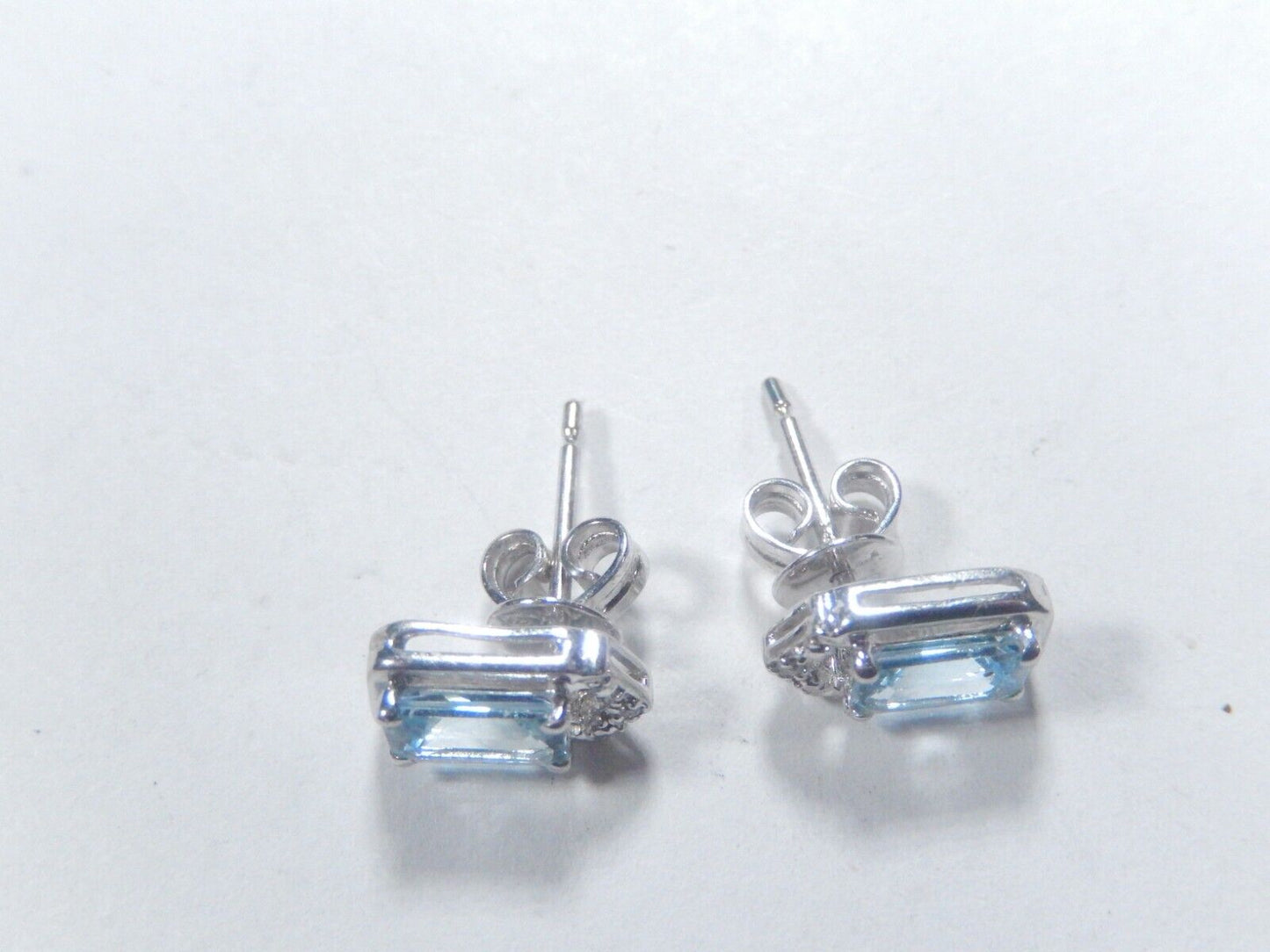 14K White Gold Emerald Cut  Aquamarine and Diamond Earrings