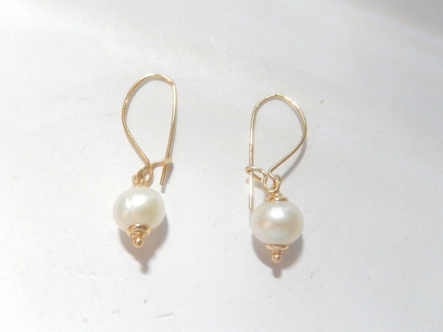 14K Real Solid Yellow Gold Natural 6mm Freshwater Pearl Drop Earrings