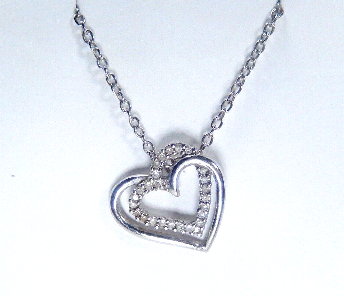 *VINTAGE* 10k White Gold Womens 27 Diamond Double Heart Pendant w/18"chain