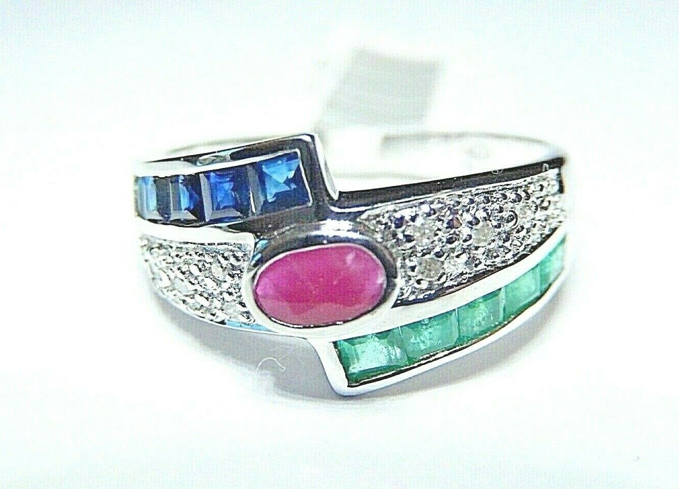 *NWT* 14K White Gold  Natural Sapphire Emerald Ruby & Diamond Ring Band Sz 6.75