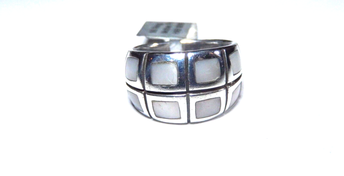 *VINTAGE*  Sterling Silver 12.5mm Wide Band Inlay Mother of Pearl Ring Sz 7