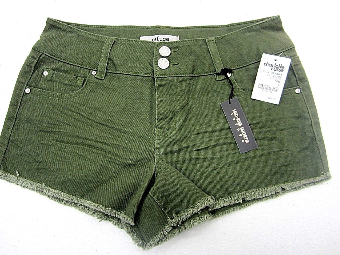 NWT Refuge Denim Mid Rise Shortie Shorts Olive Green Fringe Hem Size 2 x 2"L