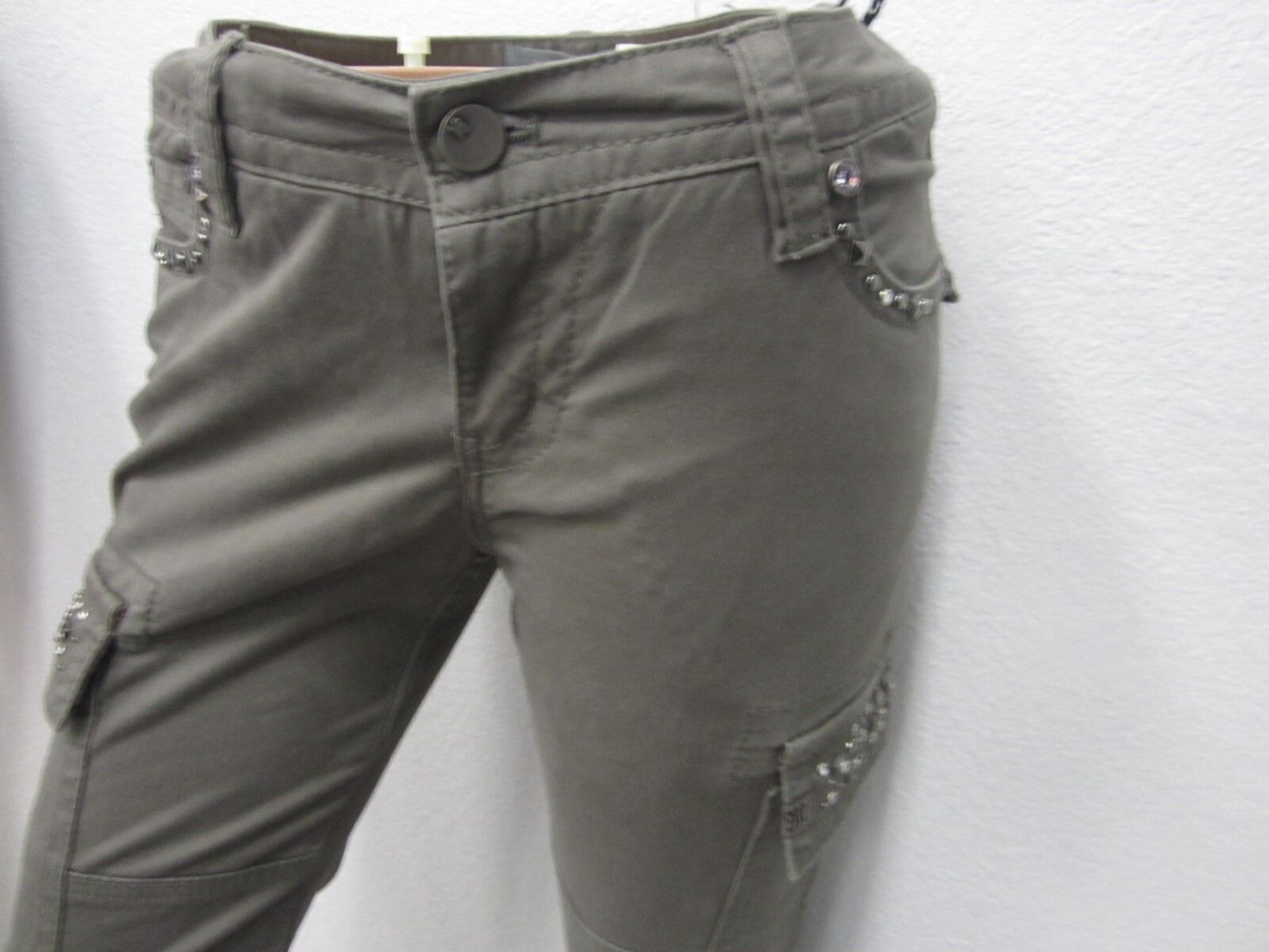 NWT MISS ME CP1246C Embellished Cargo Casual Ankle-Zip Pants Light Olive 27x31