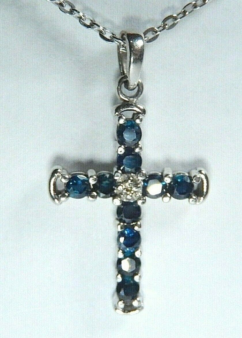 *NWT* 10K White Gold September Birthstone Sapphire & Diamond Cross 18" Necklace