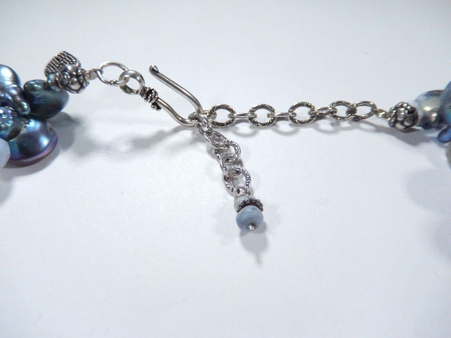 STERLING SILVER BLACK BAROQUE BUTTON PEARL & BLUE LACE GEMSTONE NECKLACE 19"