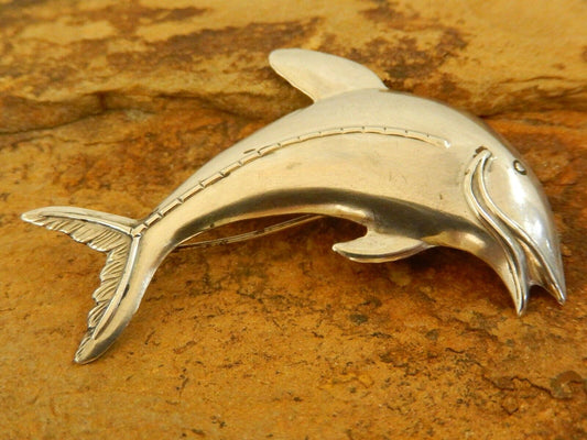 Vintage Sterling Silver 925 Large Dolphin Pin 2.5" Length