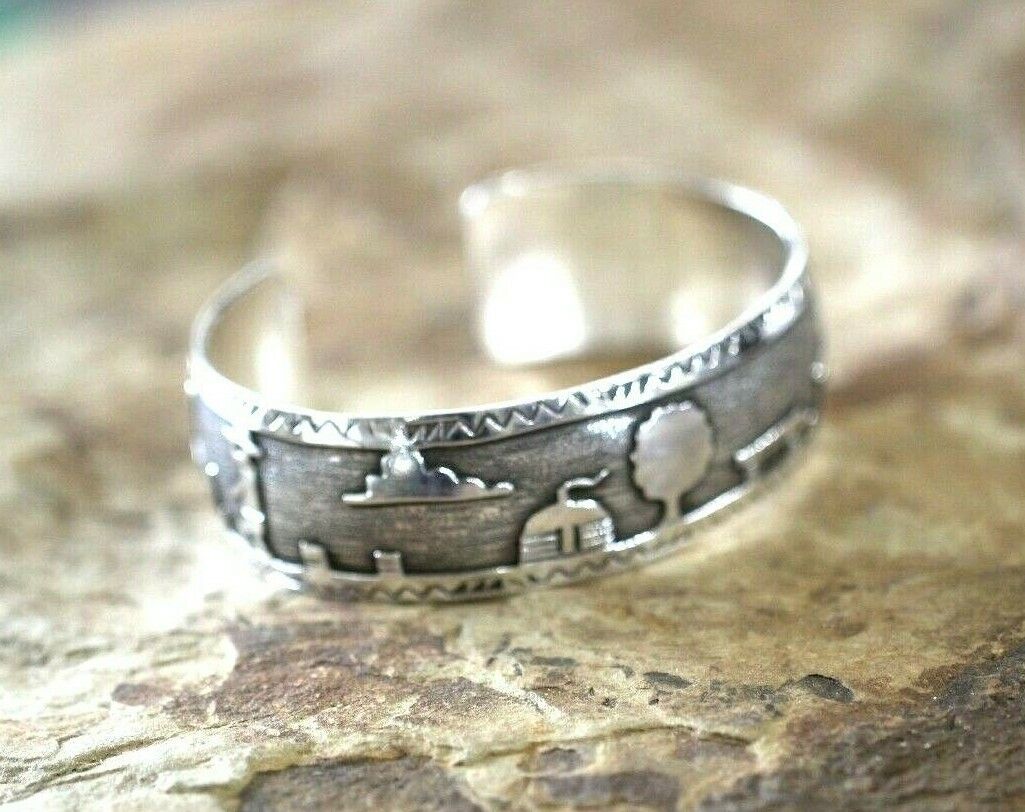 *VINTAGE*  UNISEX Sterling Silver 925  Story Telling Cuff Bracelet