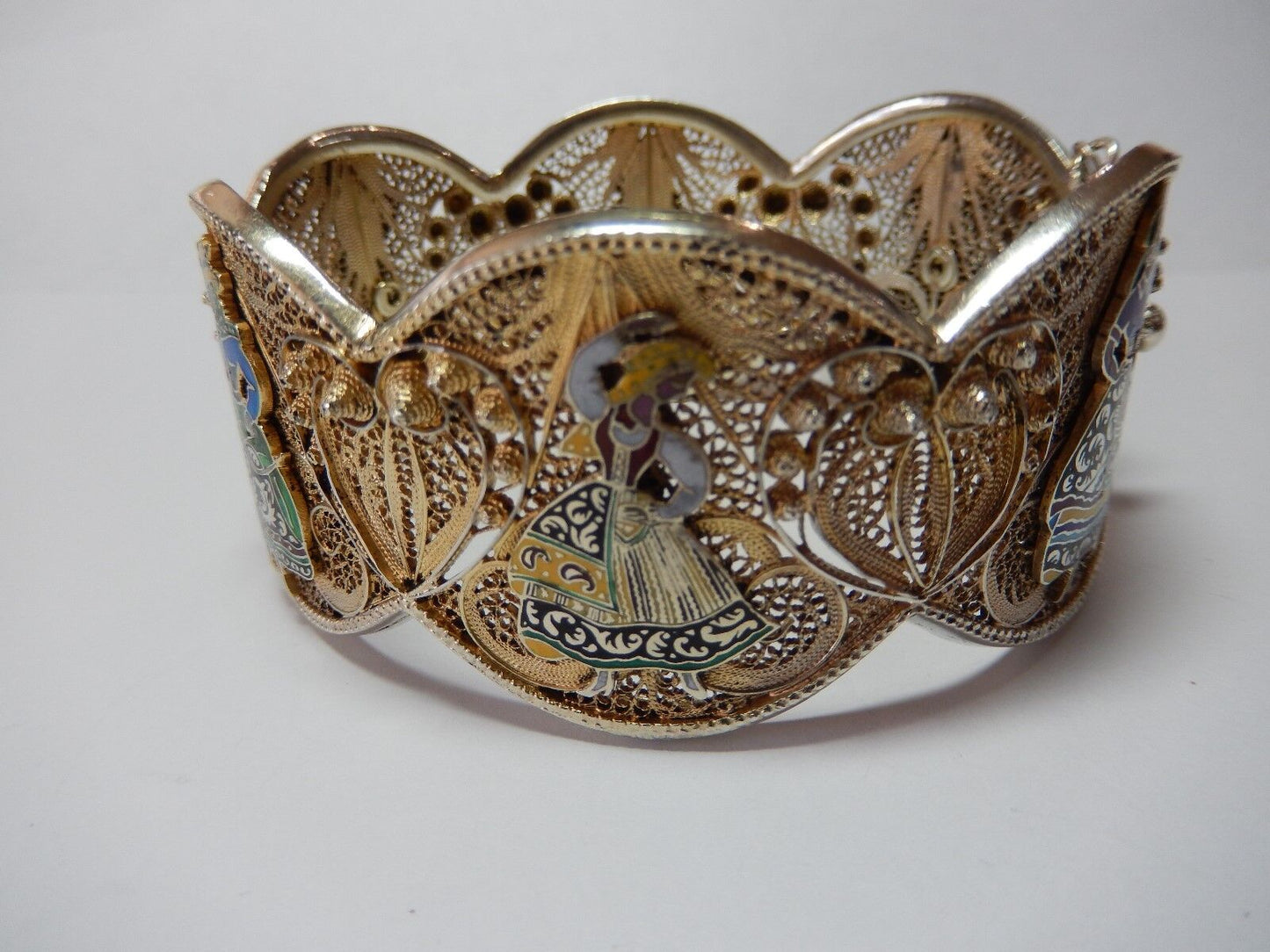 VINTAGE PORTUGAL HEAVY STERLING SILVER FILIGREE GOLD HINGED BANGLE BRACELET 7.5"