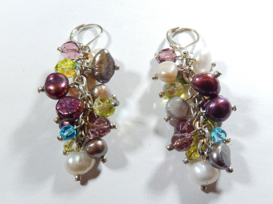*VINTAGE*  Sterling Silver Multi-Colored Pearls & Stones 2" Drop/Dangle Earrings