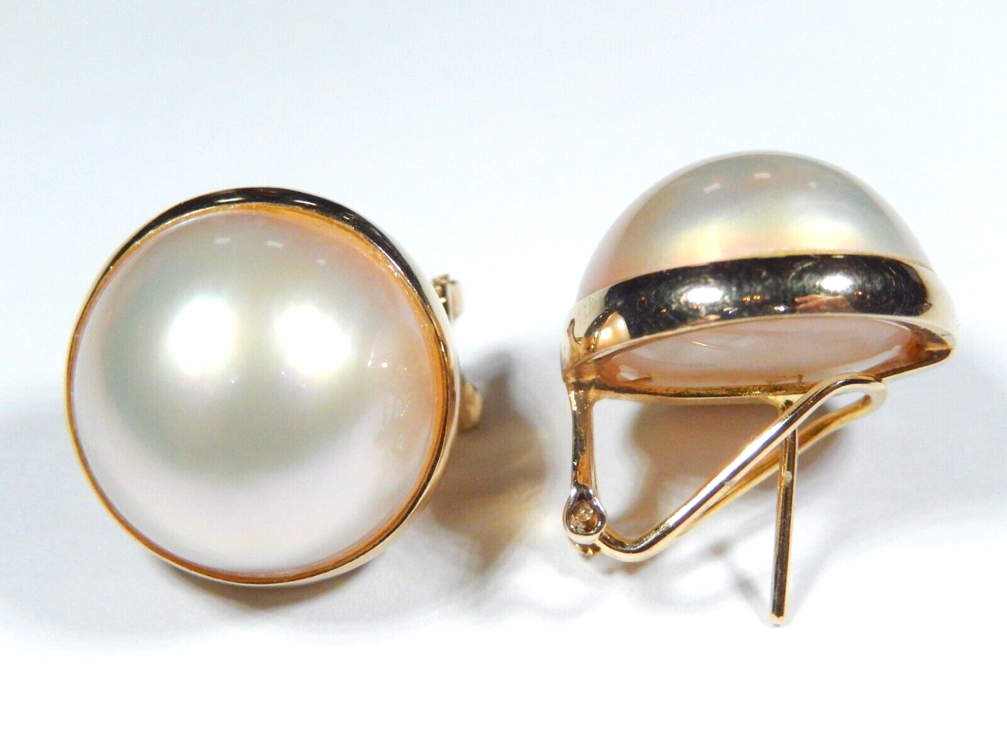 14k Yellow gold 17.5 mm Mabe Pearl Earrings with French clip backs 9.7g