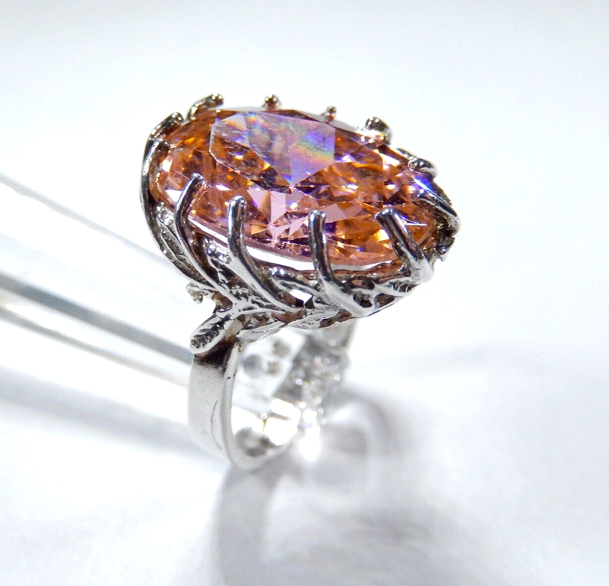 HUGE-  .925 Sterling Silver 13.0 CT Statement Ring Pink CZ Cocktail Ring sz 8