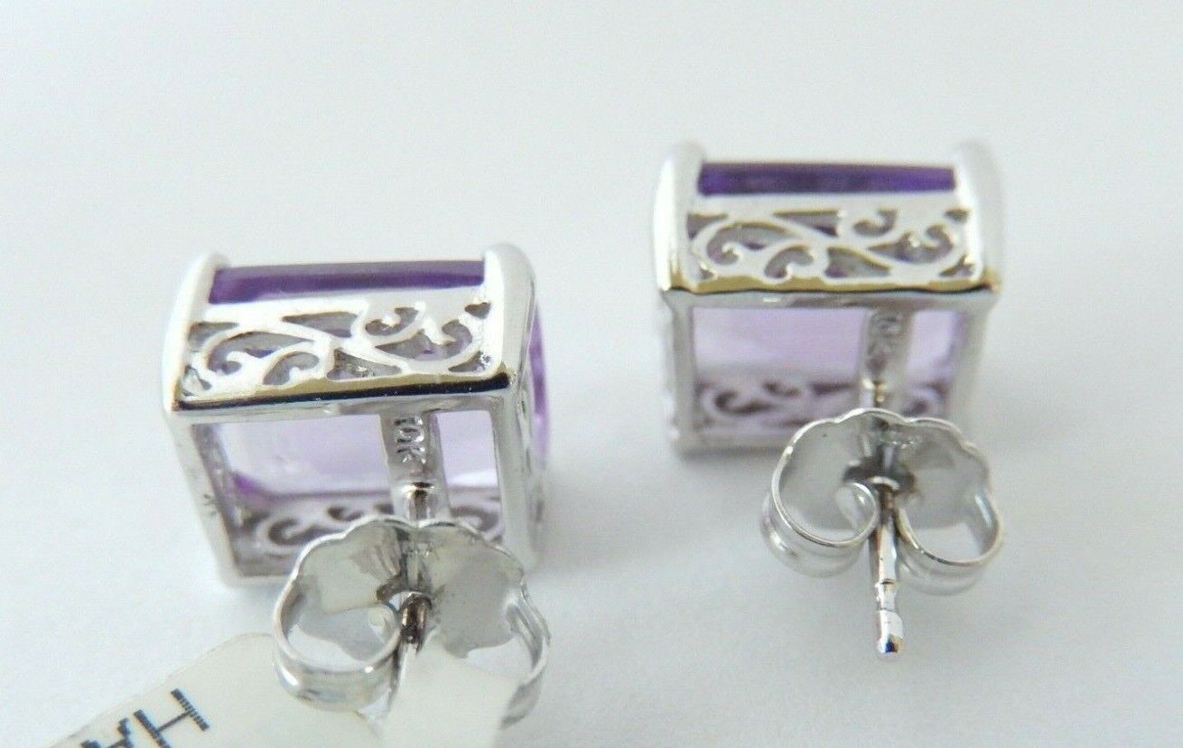 10K White Gold 10mm x 8mm Emerald Cut 6CT Amethyst Earrings In Filigree Settings