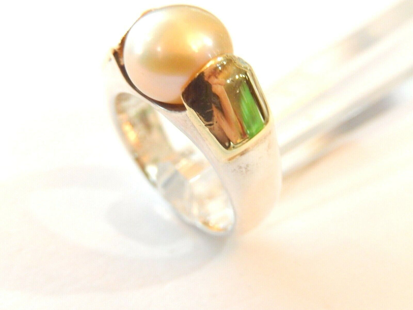 *VINTAGE*  18k Yellow Gold-Sterling Silver 8.5mm Cream Pearl Solitaire Ring 5.5