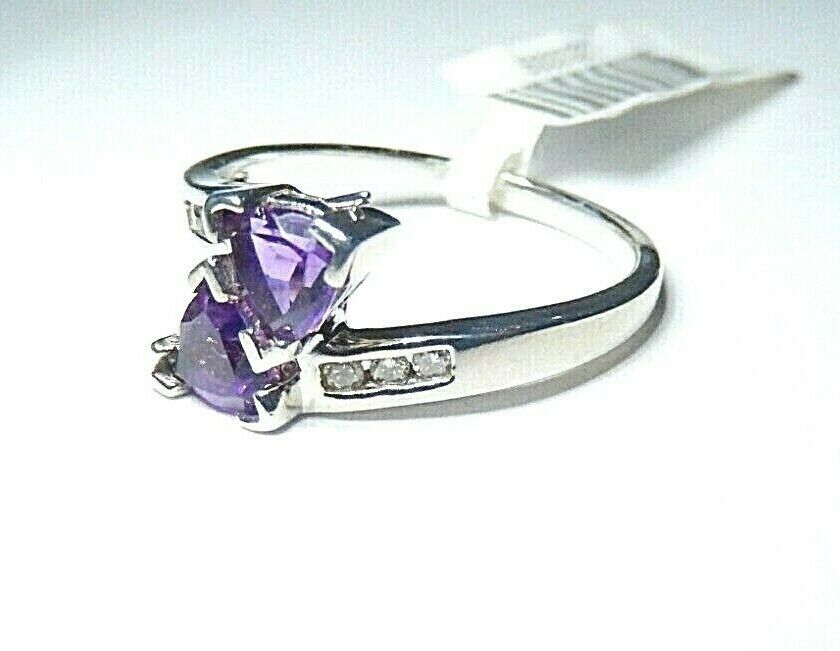 *NWT* 10K White Gold 1 CT Triangle Cut Amethyst & Six Diamond Bypass Ring Sz 7.5