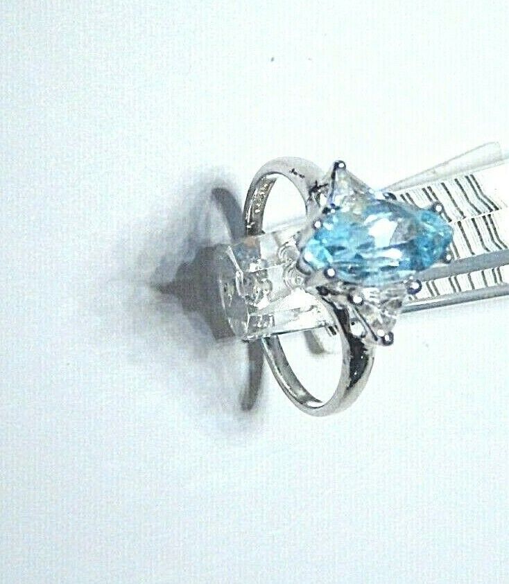 *NWT* 10K White Gold 1.00ct Marquise Blue Topaz & White Topaz Solitaire Ring 6.5