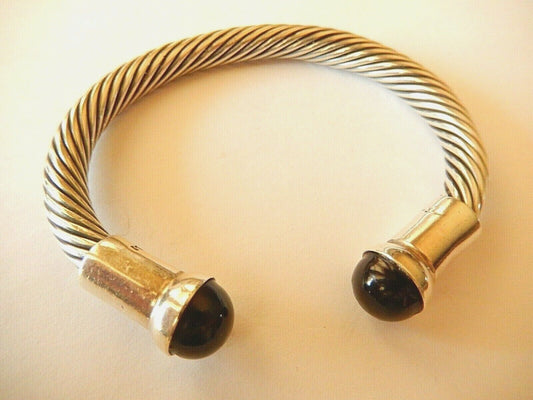 *RARE*  Taxco Mexico Black Onyx Twisted Sterling Silver 7mm Cable Cuff Bracelet
