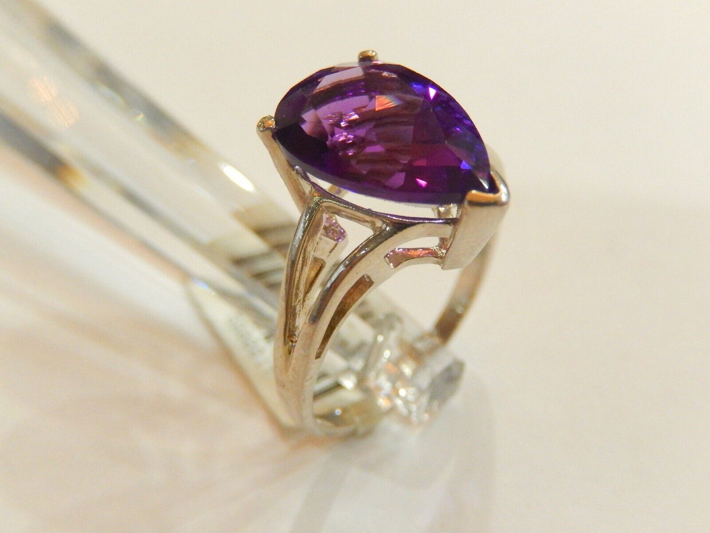 VTG 5CT Pear Shape Deep Purple Brazilian Amethyst 10K White Gold Solitaire Ring
