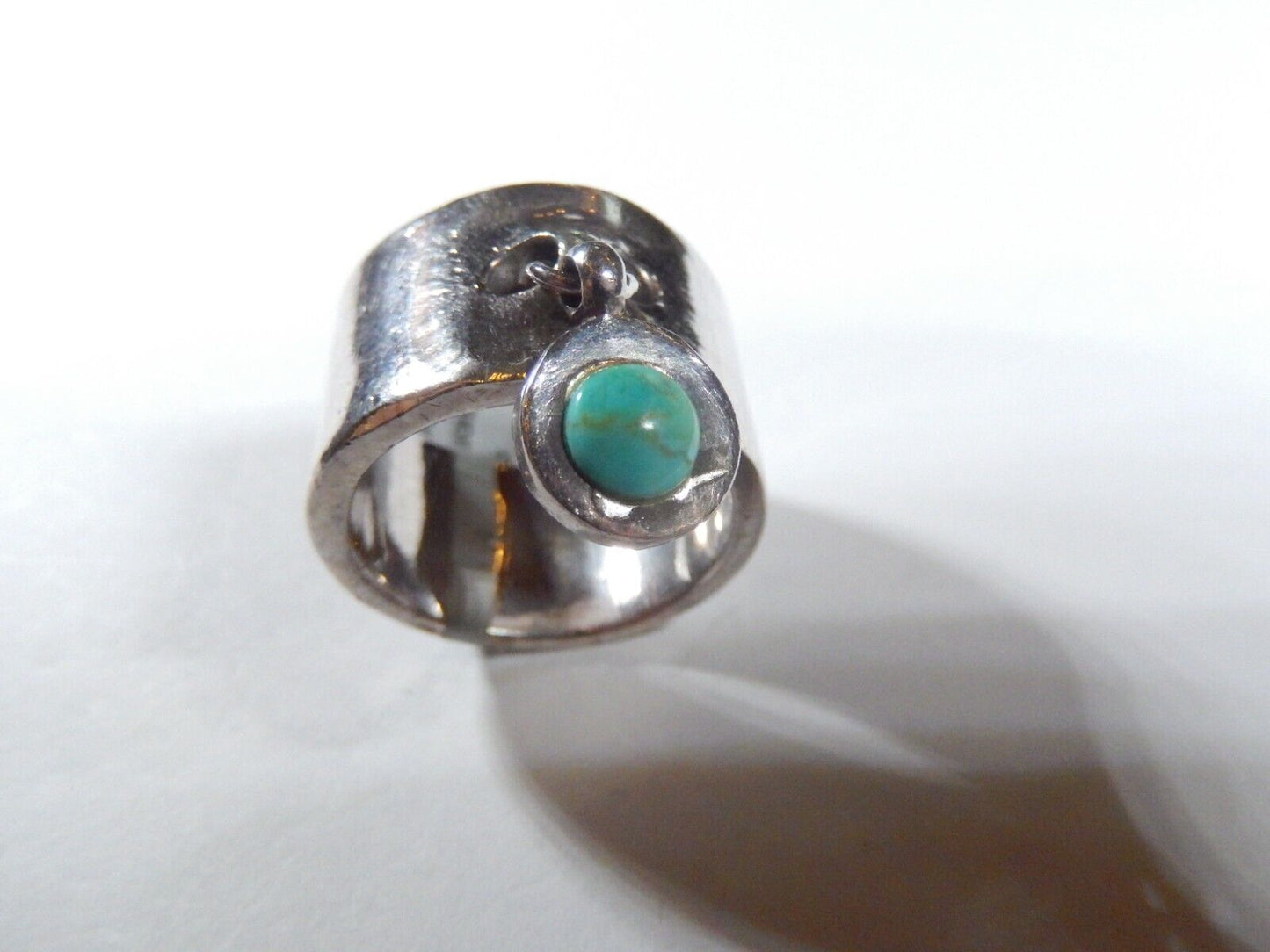 Native American Handmade Sterling Silver Wide Band TURQUOISE Dangle Ring Sz 7.5